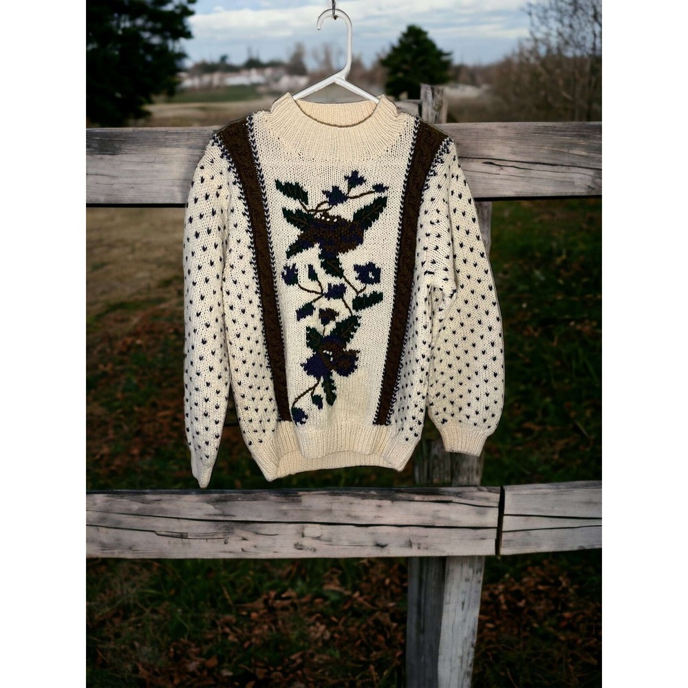Country Suburbans Womens Small‎ Hand Knit Sweater Floral Cream Pullover Acrylic